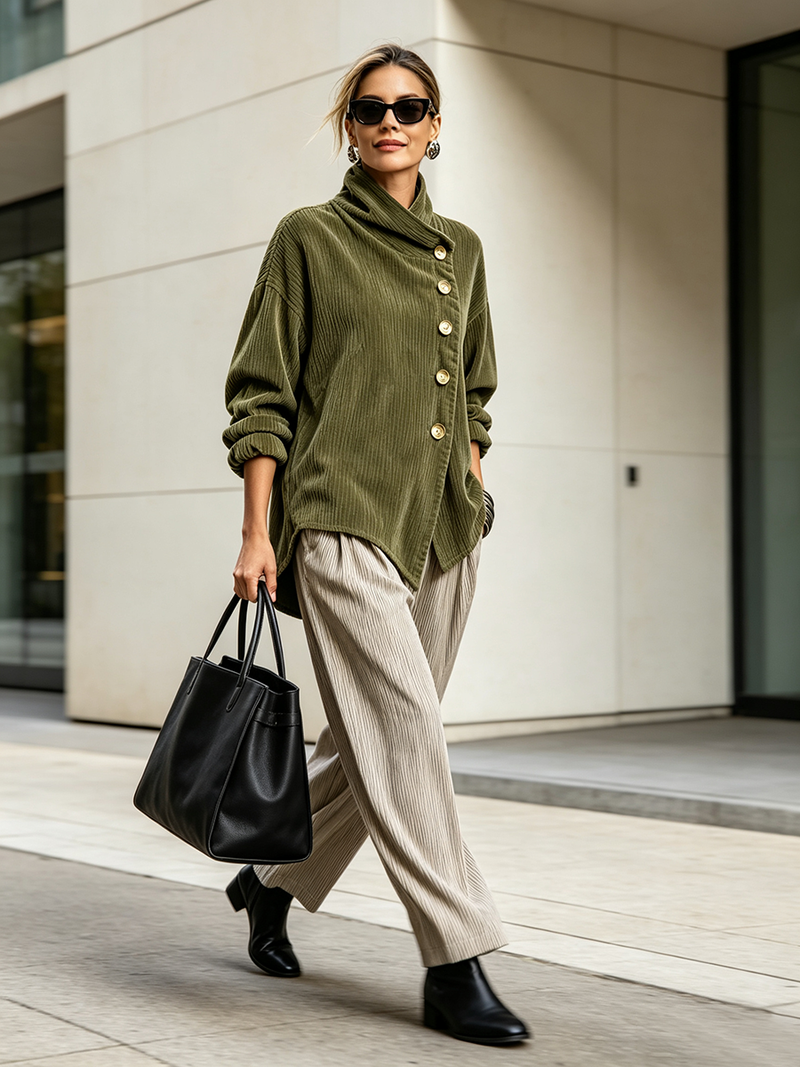 Model loopt buiten in de olijfgroene corduroy trui met een beige broek, zwarte laarzen en een grote zwarte tas. 3