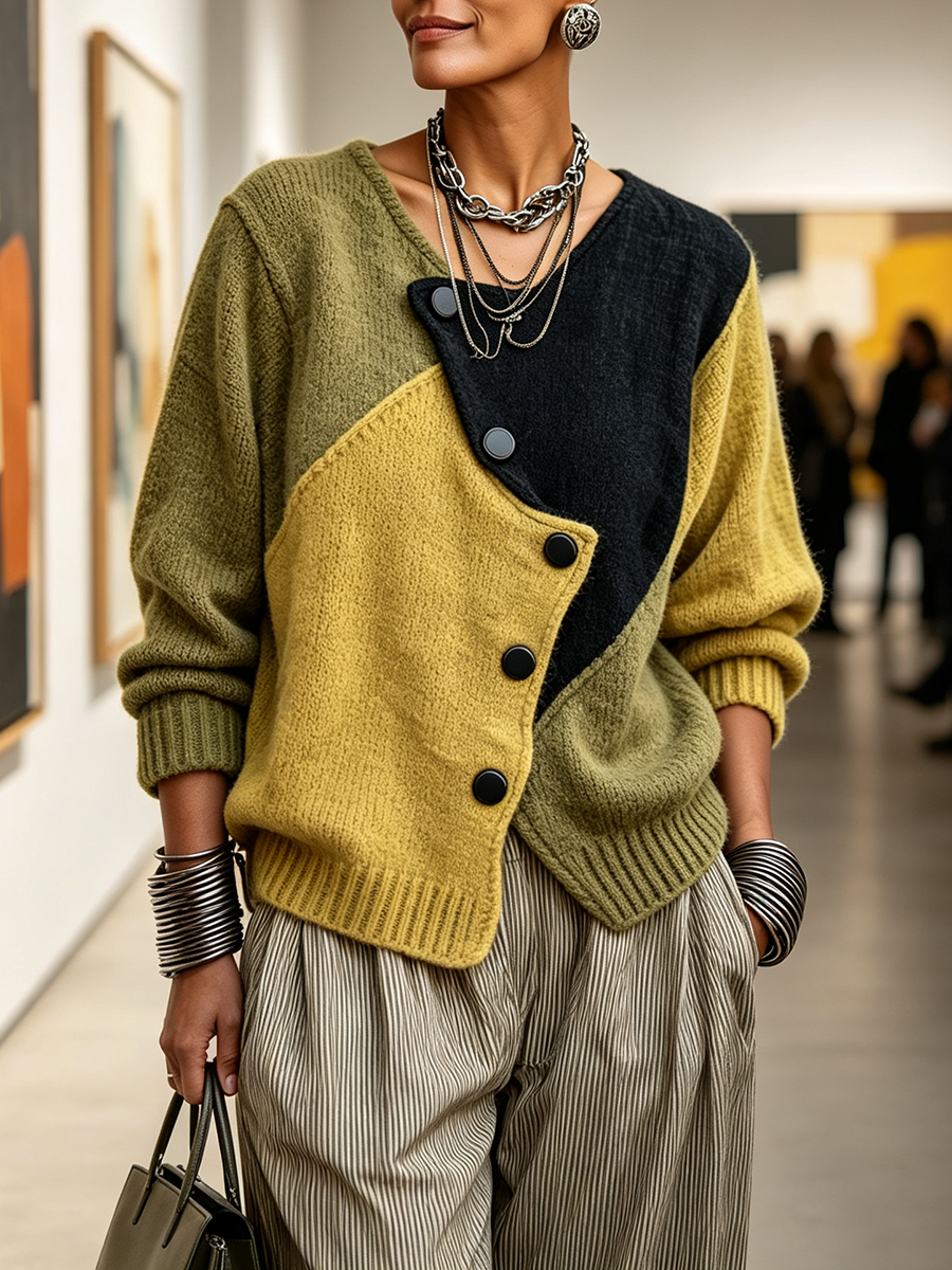 Model draagt de trui met schuine knopen en ribboorden in een galerie, gecombineerd met een gestreepte broek en een tas. 3