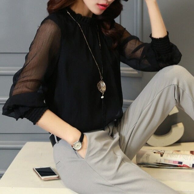 Stylish women's chiffon blouse with ruffles and transparent sleeves – Elina