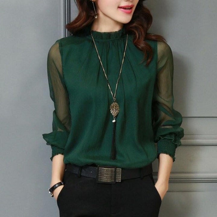 Stylish women's chiffon blouse with ruffles and transparent sleeves – Elina