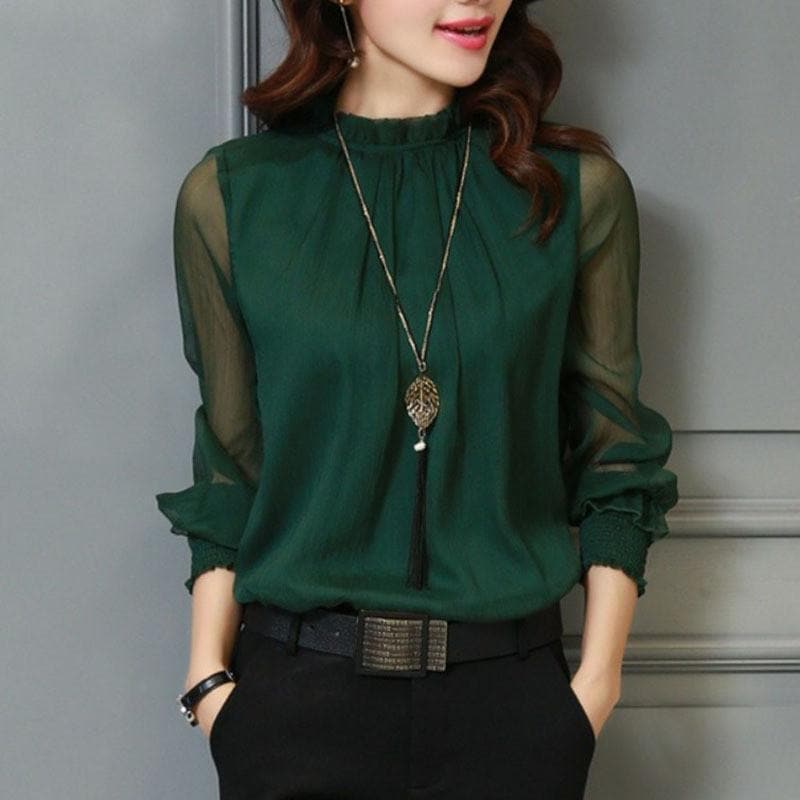 Stylish women's chiffon blouse with ruffles and transparent sleeves – Elina