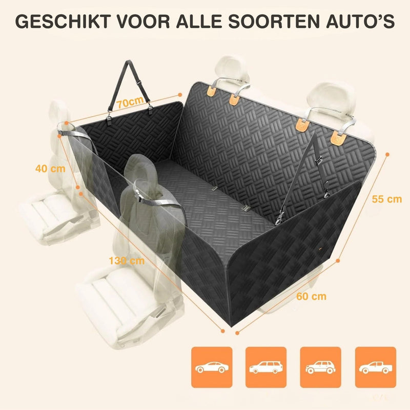 Schematische weergave van de hoes in een autoachterbank met afmetingen en vier pictogrammen van verschillende autotypes. 9