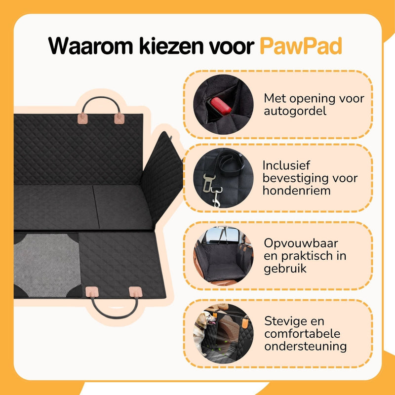 Productoverzicht van de uitgeklapte zwarte hoes met vier kleine cirkelfoto's van autogordelopening, hondenriembevestiging, opvouwbaarheid en stevige ondersteuni 4