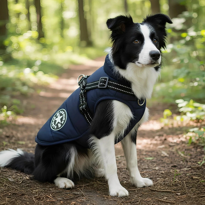 Border collie zit in het bos met een marineblauwe gewatteerde jas met tuig, schuin van opzij gezien. 1