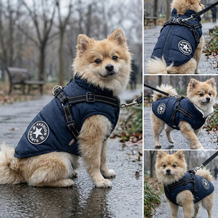 Collage van een pomeranian in een marineblauwe jas met tuig tijdens een regenachtige wandeling, vanuit meerdere hoeken. 6