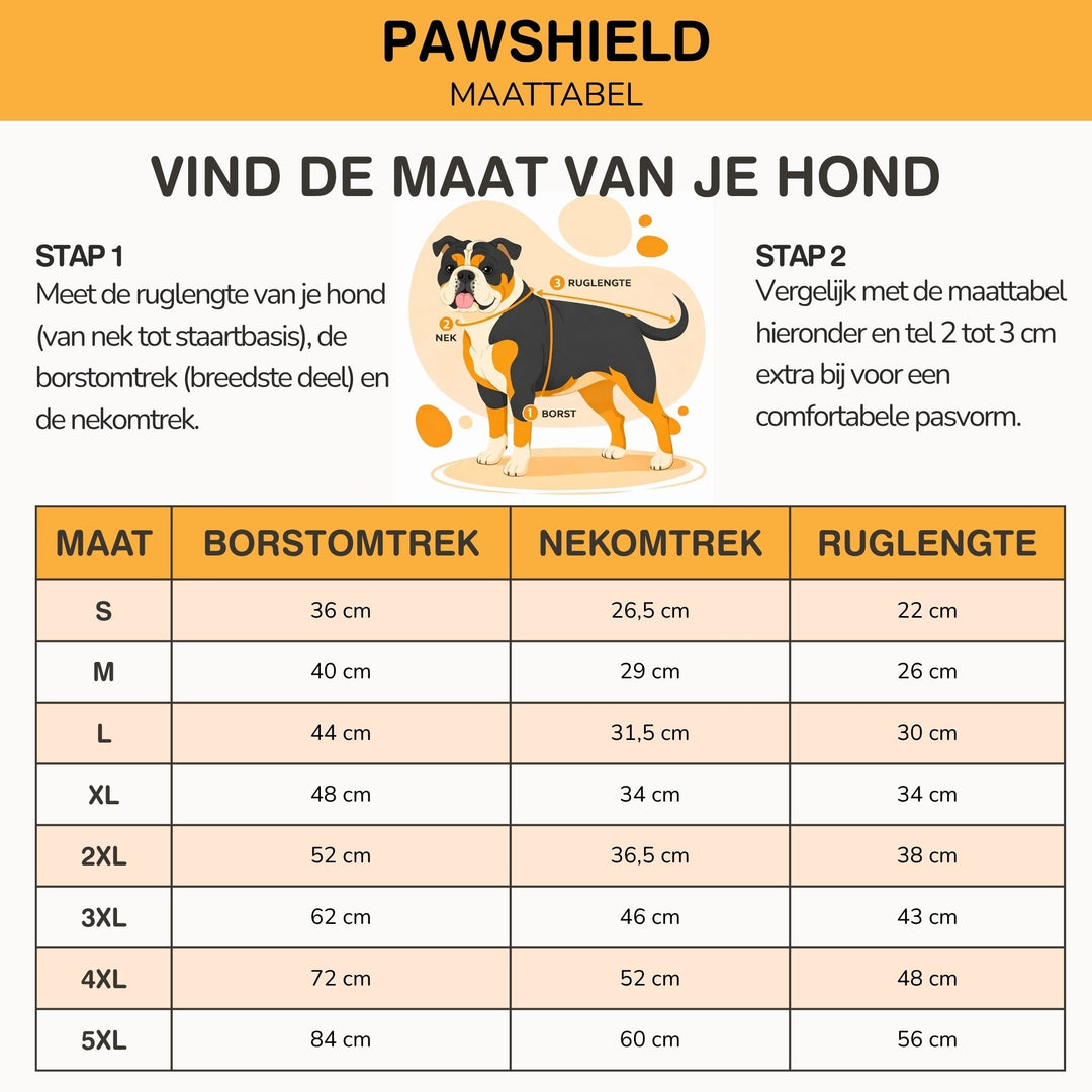 Maattabel met een getekende hond en de stappen om rug, nek en borst te meten, met maten S tot 5XL. 10