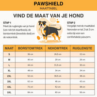 Maattabel met een getekende hond en de stappen om rug, nek en borst te meten, met maten S tot 5XL. 10