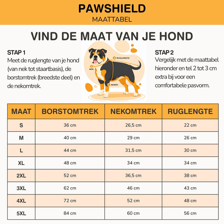 Maattabel met een getekende hond en de stappen om rug, nek en borst te meten, met maten S tot 5XL. 10