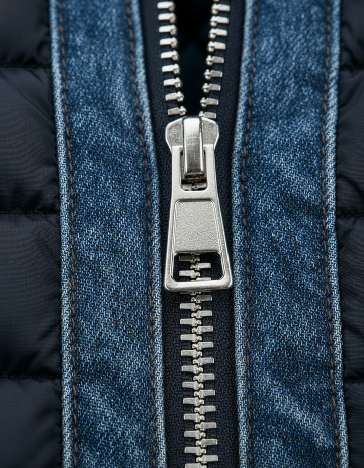 Detail van de metalen ritssluiting met trekker, omlijst door gestikte denim banden en donkerblauwe gewatteerde stof. 4