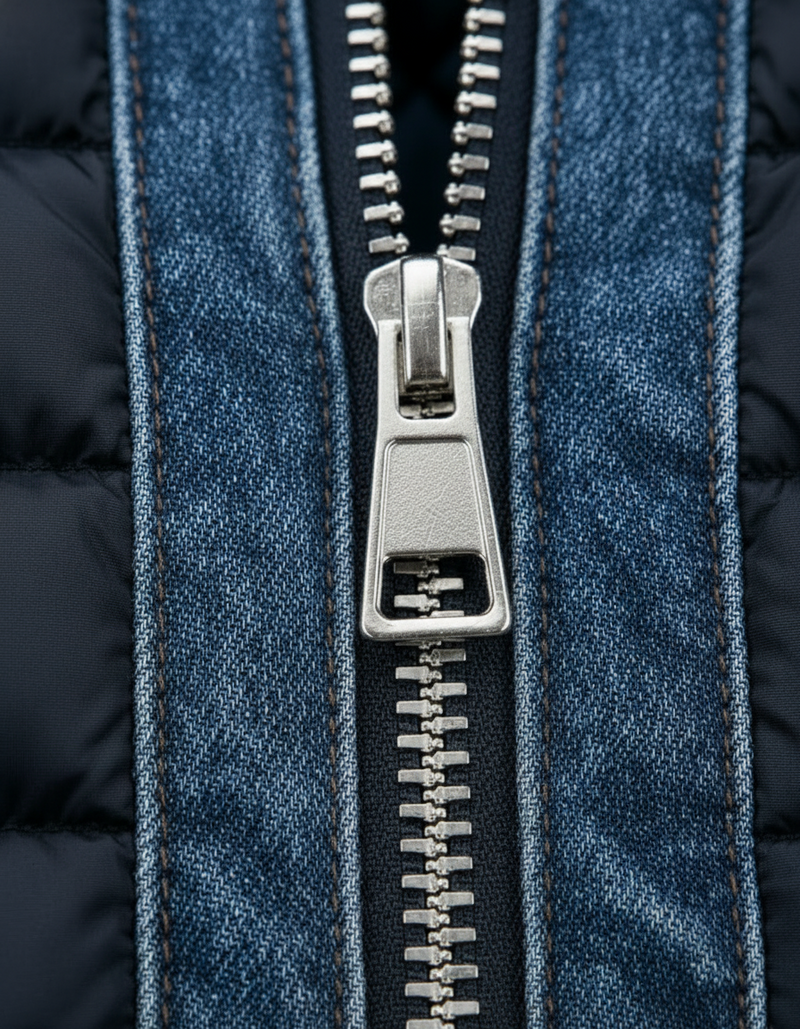 Detail van de metalen ritssluiting met trekker, omlijst door gestikte denim banden en donkerblauwe gewatteerde stof. 4