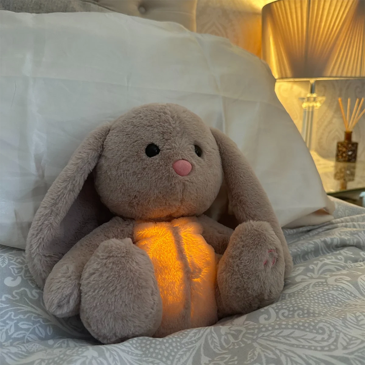 Konijn met oranje gloeiende buik zit tegen een kussen op een bed, met een lamp op de achtergrond. 15