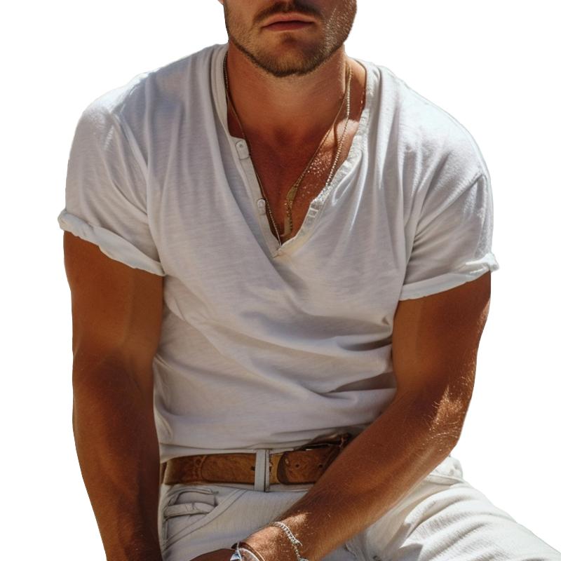 Casual Henley Kraag Henley T-shirt met Korte Mouwen – Nico