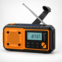 Radio met handslinger en telescoopantenne omhoog, zonnepaneel bovenop en zijlamp, op lichte achtergrond 10