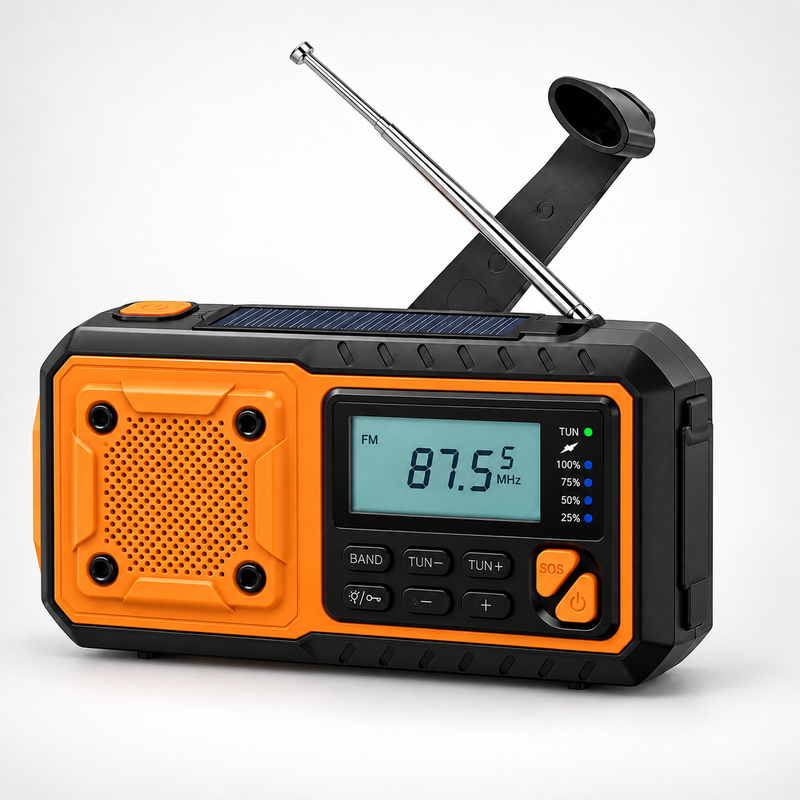 Radio met handslinger en telescoopantenne omhoog, zonnepaneel bovenop en zijlamp, op lichte achtergrond 10