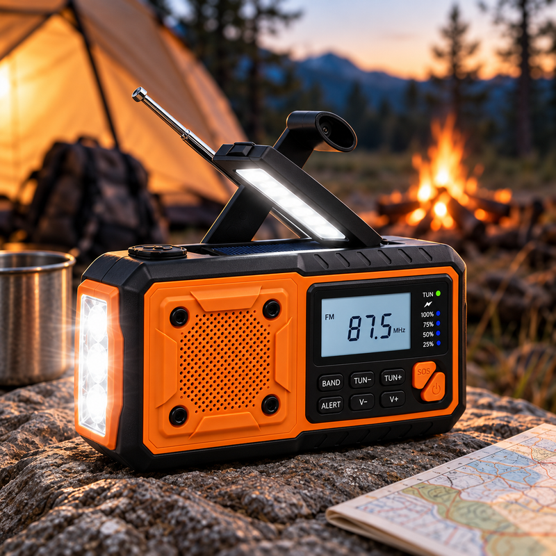 Radio met brandende zijlamp op een rots bij een kampvuur en tent, met kaart ernaast 2