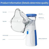 Vernevelaar met masker en aanwijslijnen naar de onderdelen: bovenkap, medicijnbakje, nevelopening, indicatielampje, schakelaar en batterijvak. 5