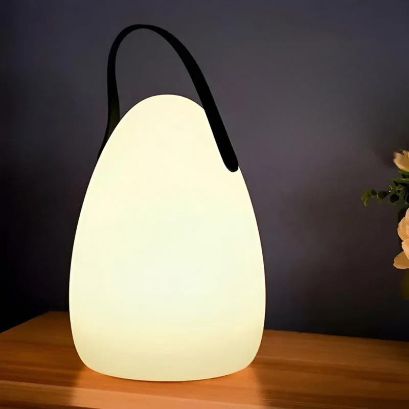 Eivormige lamp met zwarte lus op een houten tafel voor een donkere wand 13
