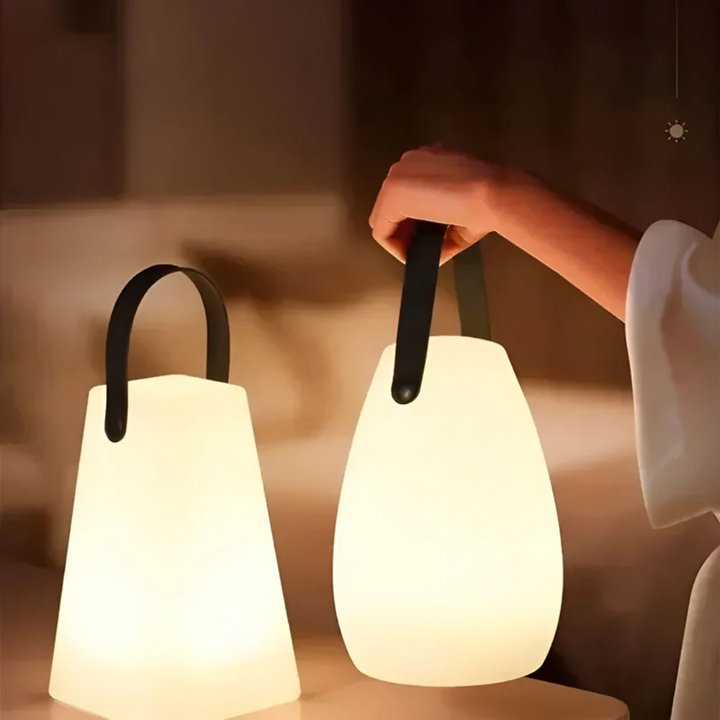 Twee lampen met zwarte lus, een conisch model en een druppelmodel, vastgehouden door een hand 4