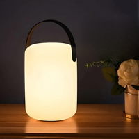 Cilindervormige lamp met zwarte handgreep naast een witte roos op een houten plank 12
