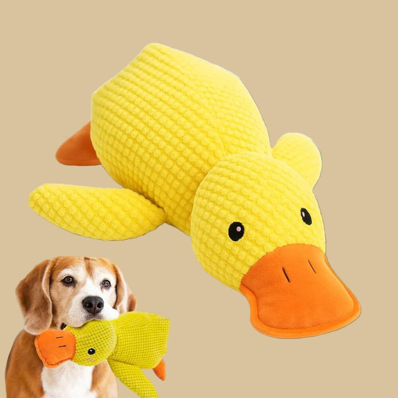 Gele pluchen eend vrijstaand, met een beagle die een eend in zijn bek houdt 3