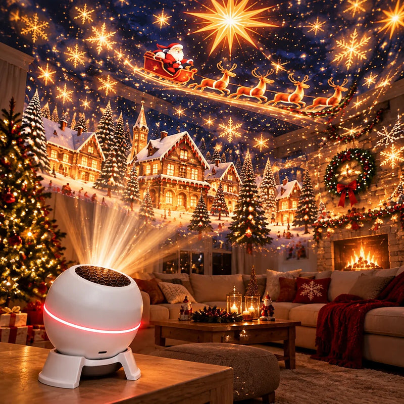 Witte bolvormige projector op een salontafel werpt een kerstdorp met slee en rendieren op plafond en muren van een woonkamer. 1