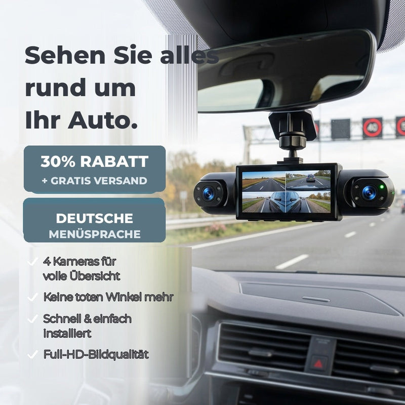 Dashcam met twee zijcamera's en een scherm met vier beelden, bevestigd aan de achteruitkijkspiegel van een auto op de snelweg. 1