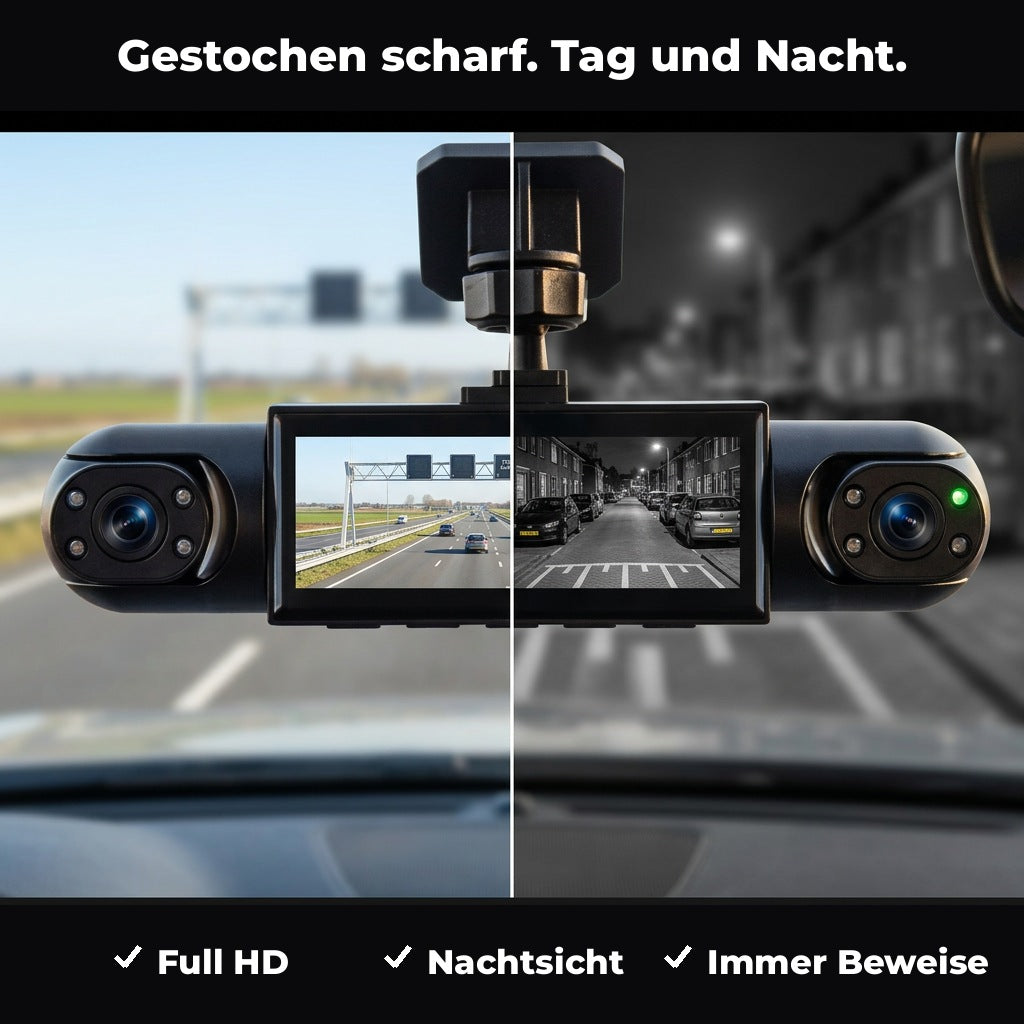 Dashcam in tweeĂ«n gedeeld beeld: links een opname overdag op de snelweg, rechts een zwart-wit nachtopname van een straat. 3
