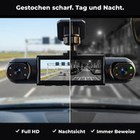 Dashcam in tweeĂ«n gedeeld beeld: links een opname overdag op de snelweg, rechts een zwart-wit nachtopname van een straat. 3