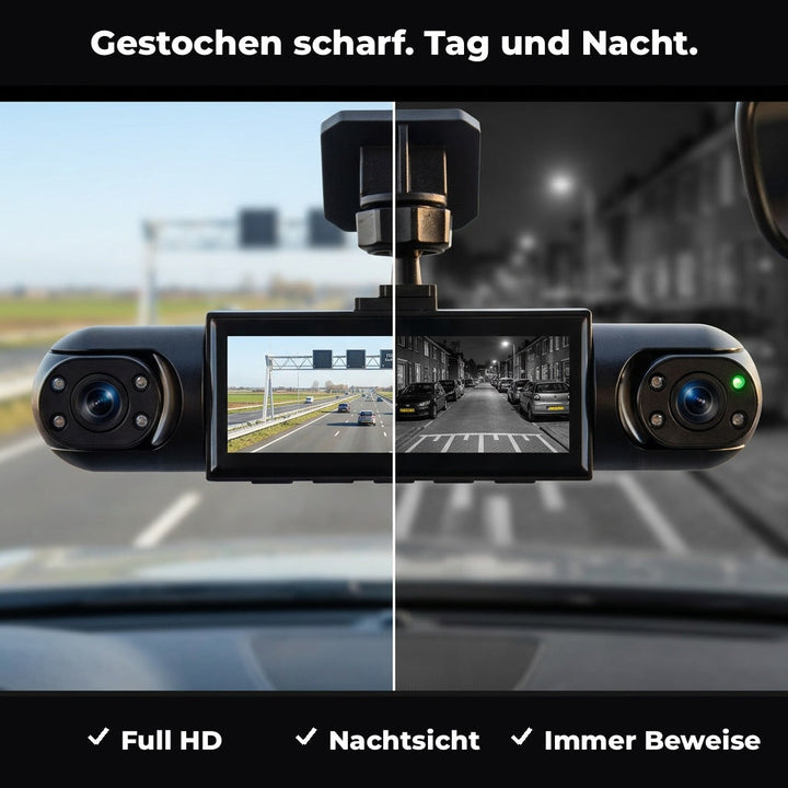 Dashcam in tweeĂ«n gedeeld beeld: links een opname overdag op de snelweg, rechts een zwart-wit nachtopname van een straat. 3