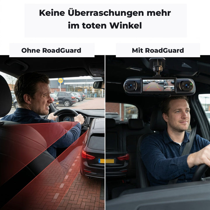 Vergelijking van twee bestuurders op een parkeerplaats: links met dode hoek en gespannen blik, rechts ontspannen met de dashcam. 4