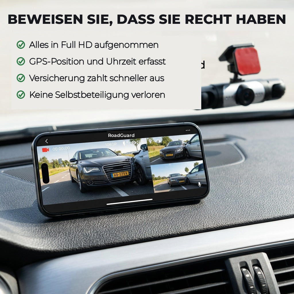 Smartphone op het dashboard toont dashcambeelden van een aanrijding in meerdere beeldvlakken, met de dashcam op de voorruit erboven. 5