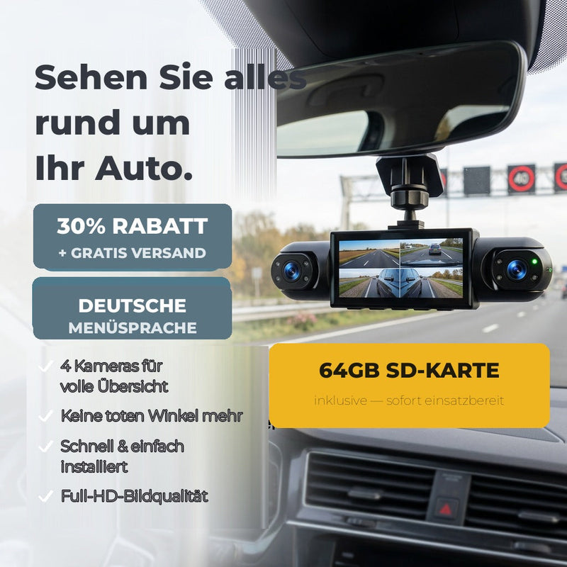 Dashcam met scherm en twee zijcamera's onder de achteruitkijkspiegel, met een gele banner over de meegeleverde geheugenkaart. 7