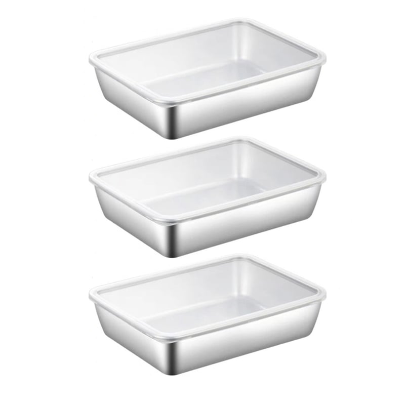 Drie ondiepe roestvrijstalen bakken, onder elkaar weergegeven, elk afgesloten met een doorzichtig plastic deksel. 25