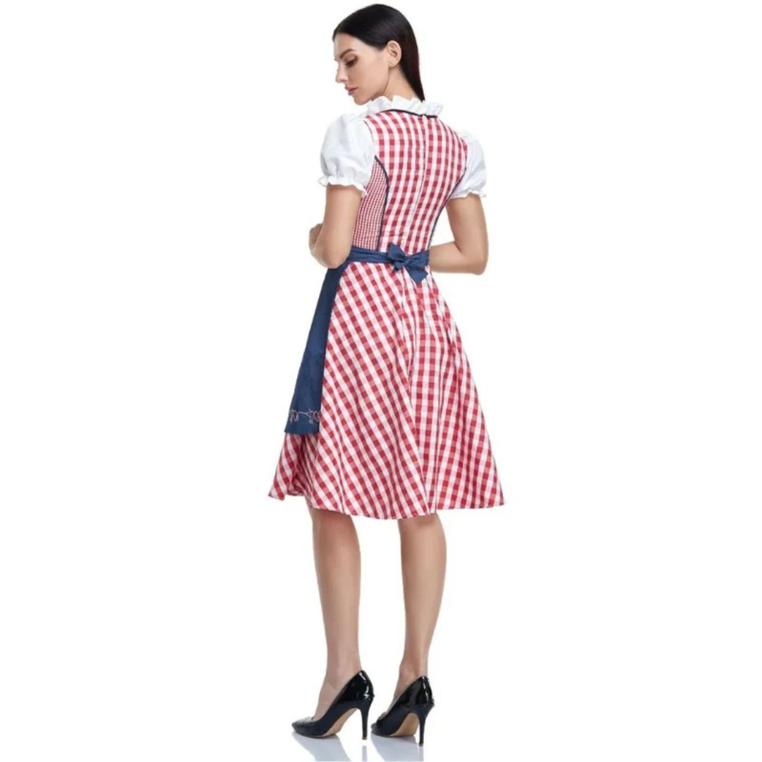 Achterzijde van de rood-wit geruite dirndl met blauwe schort die in een strik op de rug is gebonden. 8