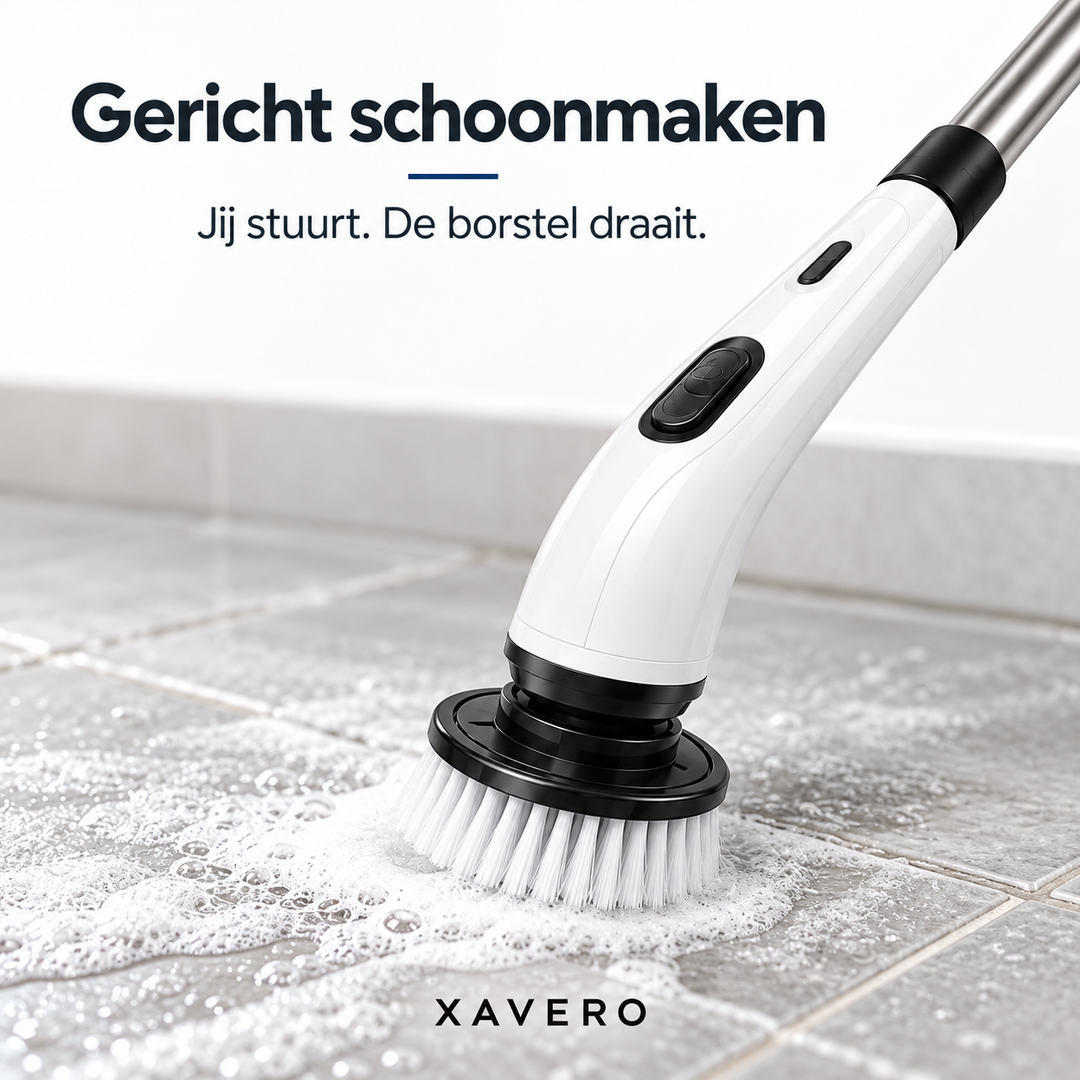 Close-up van de draaiende borstelkop op een schuimende tegelvloer, met het handstuk en de schakelaars in beeld 6