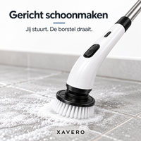 Close-up van de draaiende borstelkop op een schuimende tegelvloer, met het handstuk en de schakelaars in beeld 6