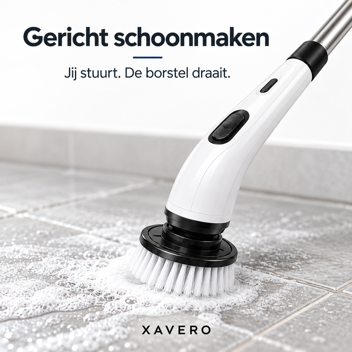 Close-up van de draaiende borstelkop op een schuimende tegelvloer, met het handstuk en de schakelaars in beeld 6