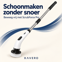Schrobborstel met lange steel en witte borstelkop vrijgesteld op lichte achtergrond met blauwe golvende vormen 9