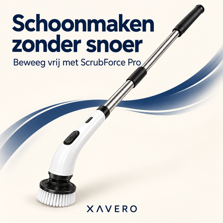 Schrobborstel met lange steel en witte borstelkop vrijgesteld op lichte achtergrond met blauwe golvende vormen 9