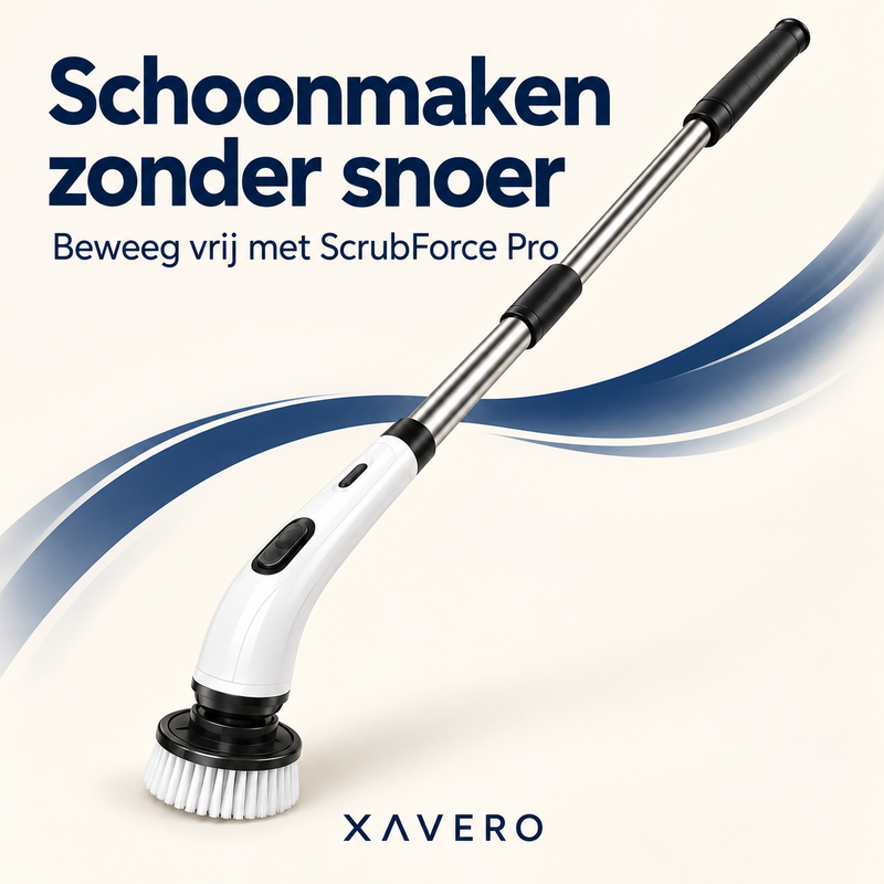 Schrobborstel met lange steel en witte borstelkop vrijgesteld op lichte achtergrond met blauwe golvende vormen 9