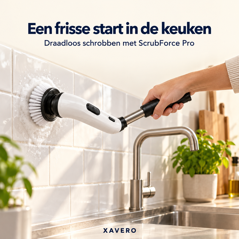 Hand houdt de borstel tegen een witte keukenwand en schrobt een schuimende plek naast de kraan 7