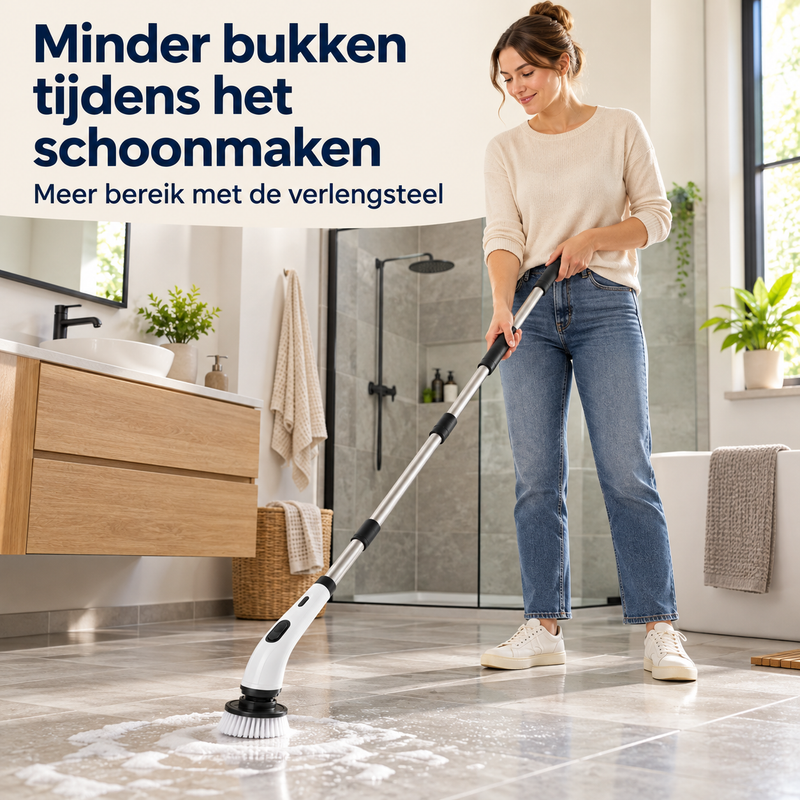 Lachende vrouw staat rechtop en schrobt met de verlengde steel een schuimende badkamervloer 10
