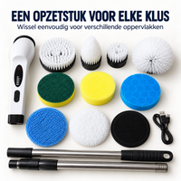 Alle onderdelen uitgestald: handstuk, verlengstokken, laadkabel en negen borstel- en sponsopzetstukken in wit, blauw, geel en 2