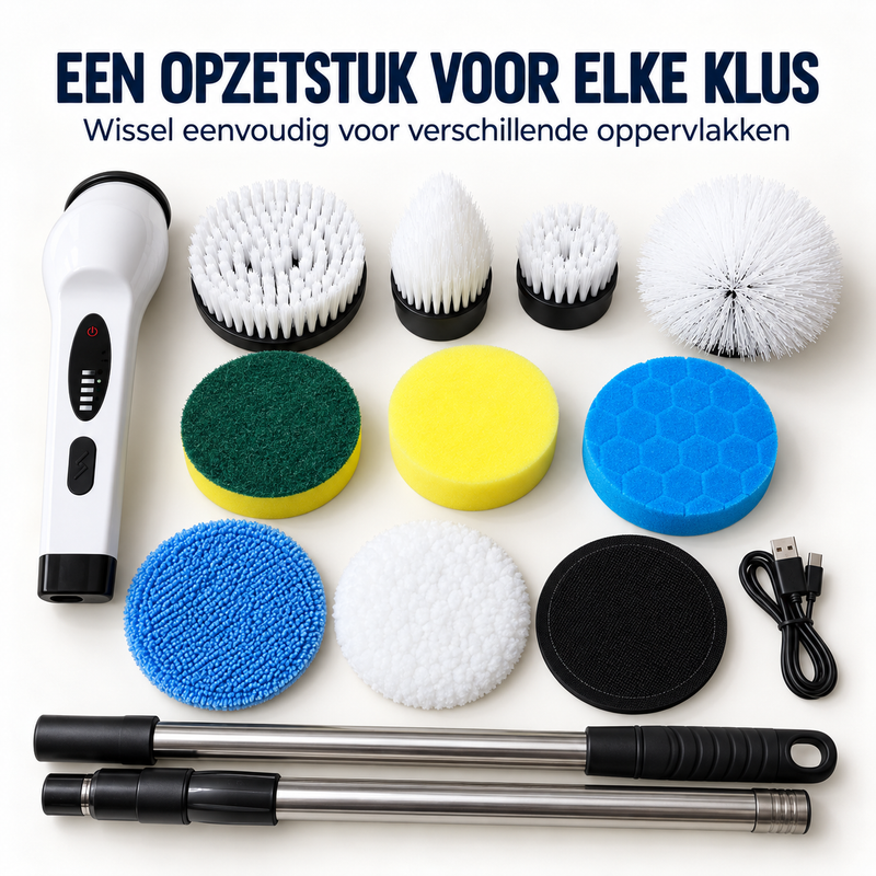 Alle onderdelen uitgestald: handstuk, verlengstokken, laadkabel en negen borstel- en sponsopzetstukken in wit, blauw, geel en 2