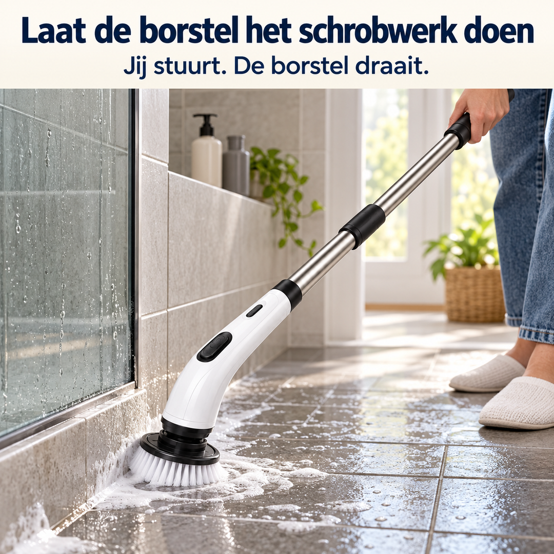 Borstel schrobt de vloerrand langs een glazen douchewand, met schuim en een deel van de gebruiker in beeld 11