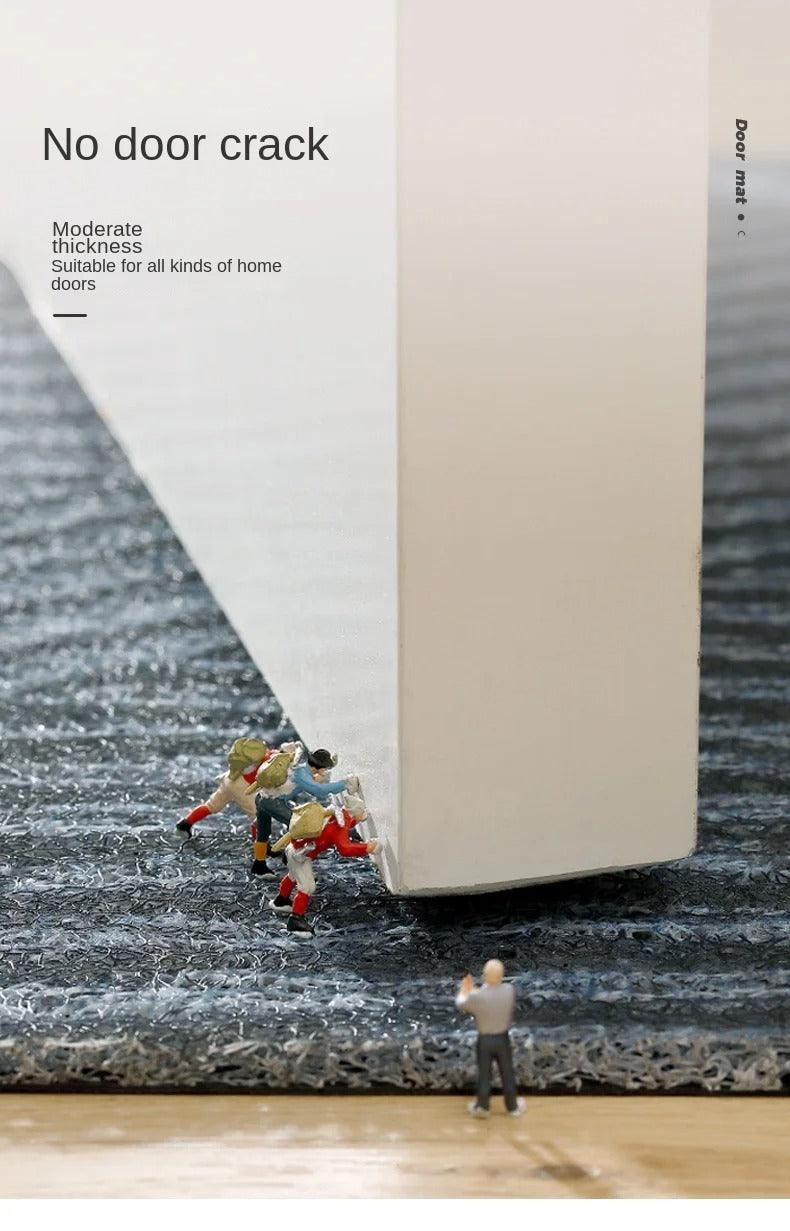 Witte deur raakt de matige dikte van de blauwgrijze mat, met miniatuurfiguurtjes ernaast 10