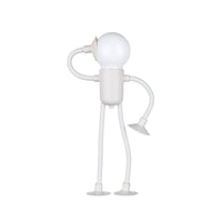 Wit mannetjeslampje met bolvormige lichtkop en buigbare armen en benen met zuignappen, een hand aan het hoofd, op witte achtergrond. 2