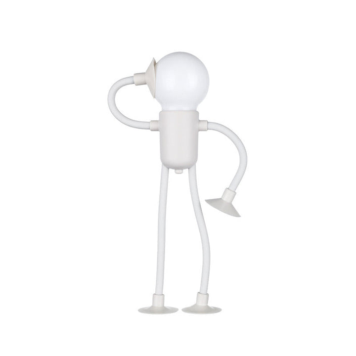 Wit mannetjeslampje met bolvormige lichtkop en buigbare armen en benen met zuignappen, een hand aan het hoofd, op witte achtergrond. 2