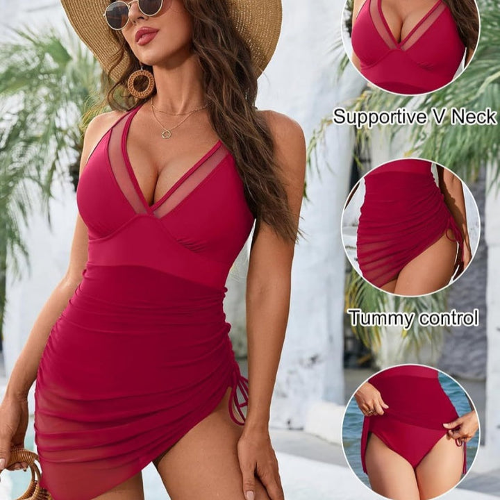 Figurformendes Badeanzugkleid mit Mesh-Einsatz und Wickellook - Melina