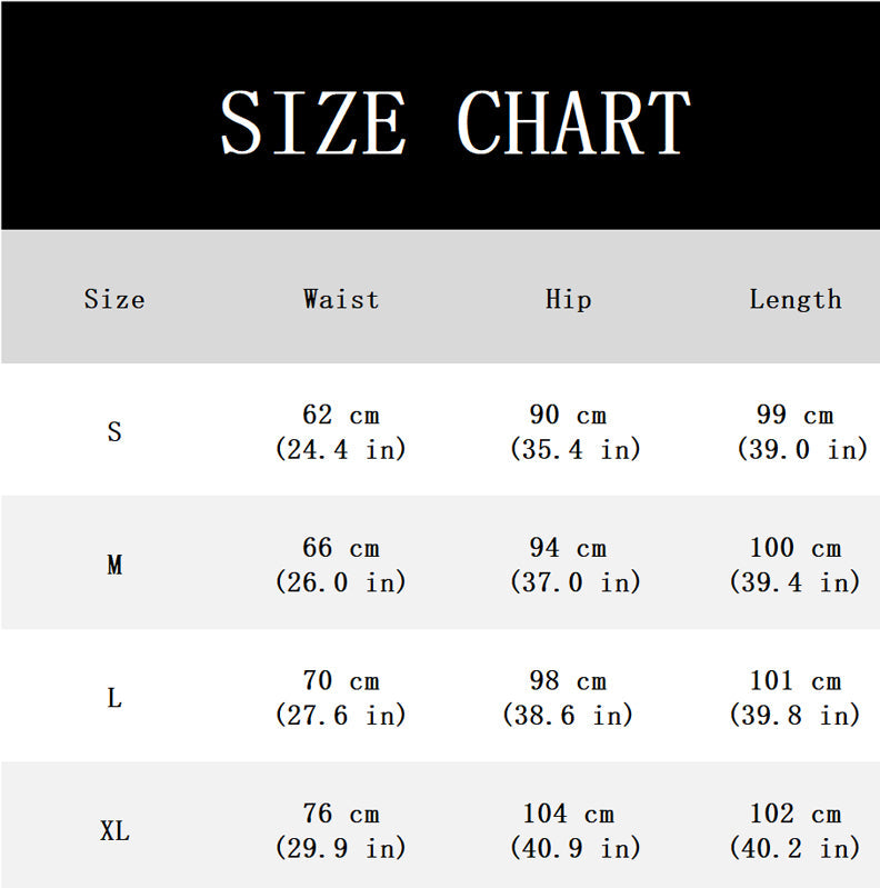 Maattabel met taille, heup en lengte in centimeters en inches voor de maten S tot en met XL. 11